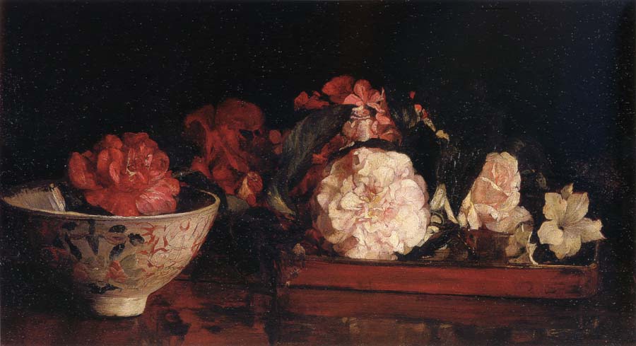 Flowers in a Japanese Tray on a Mahogany Table